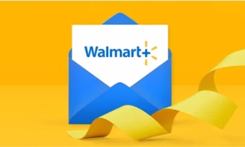Walmart+ logo on a white card inside a blue envelope, with yellow ribbon; bright, cheerful design.
