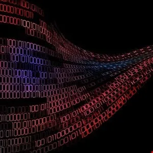 Abstract wave of binary code in red and blue hues on a black background.