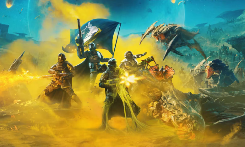 Helldivers 2 key art: soldiers battle alien creatures in a yellow-tinged, alien landscape.