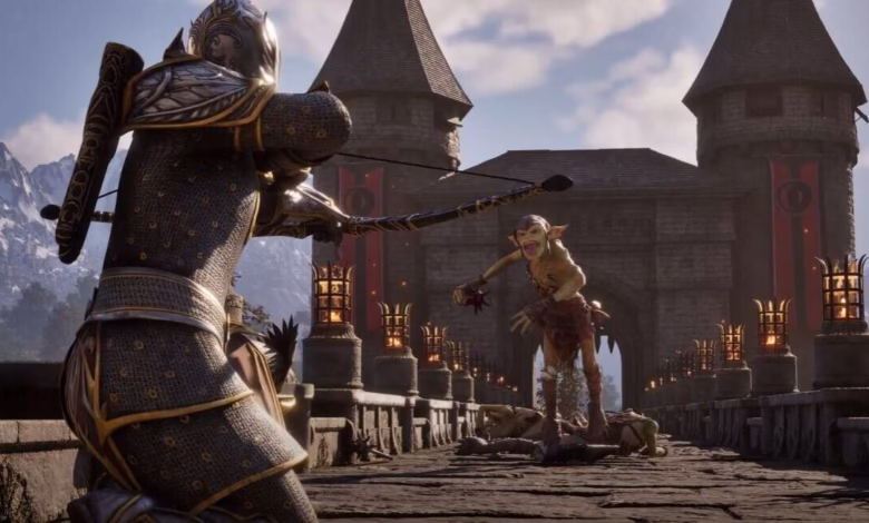 A fantasy archer, clad in ornate armor, aims their bow at a grotesque goblin on a stone bridge before a medieval castle.