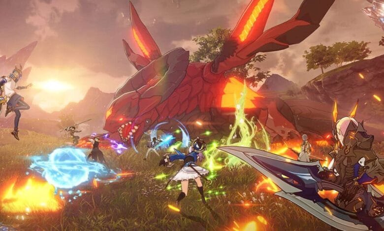 Players battle a massive red dragon in a vibrant anime-style MMORPG. Explosions and magical effects fill the scene.