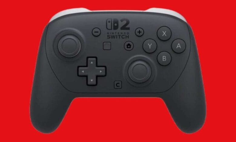 A dark gray Nintendo Switch Pro controller with white accents against a red background.