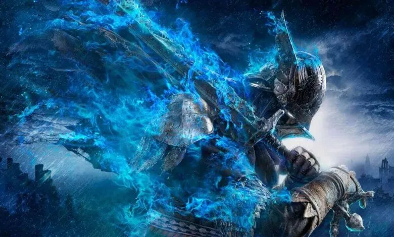 A knight in dark armor engulfed in vibrant blue flames, standing before a rain-swept city under a stormy sky.