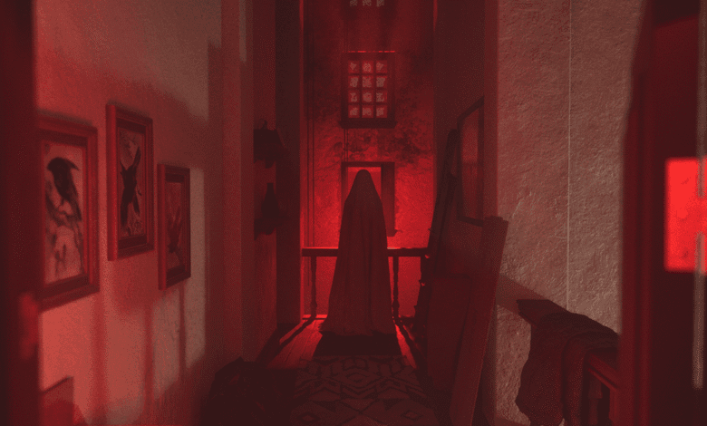 Ghostly figure in a red-lit hallway, framed bird prints on walls.
