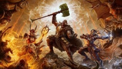 Fantasy artwork depicts a powerful warrior wielding a massive hammer, battling demonic creatures alongside a sorceress and archer.
