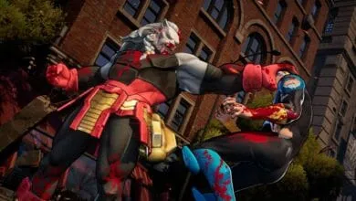 A bloody battle between two stylized comic book characters in a city setting. One character is large and grey, the other is smaller and blue.