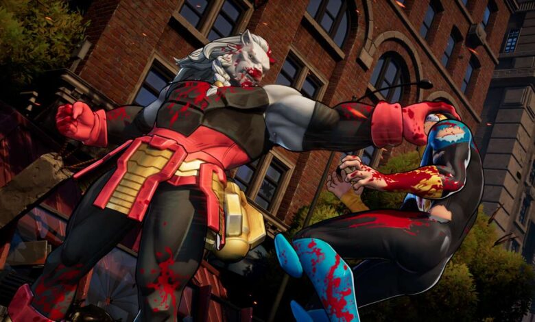 A bloody battle between two stylized comic book characters in a city setting. One character is large and grey, the other is smaller and blue.