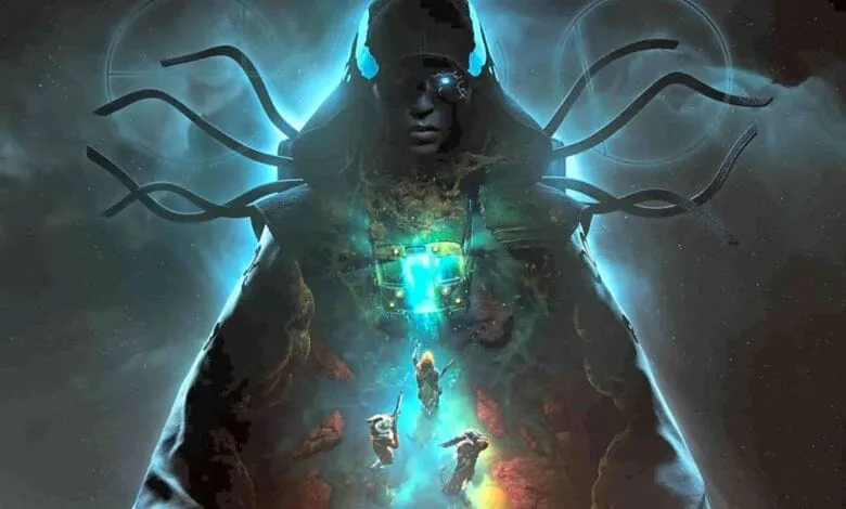 A hooded figure, glowing teal, stands against a dark space backdrop. Smaller figures below seem to reach upwards.