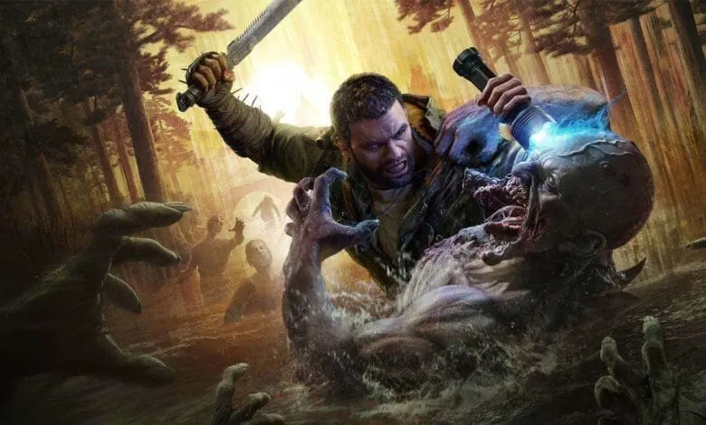 A man fights a monstrous creature in a swampy forest, wielding a machete and flashlight against a horde of zombies.