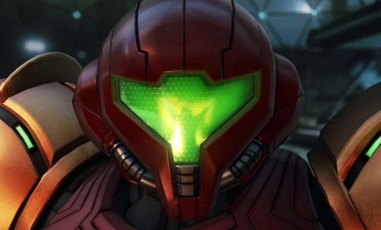 Close-up of Samus Aran's helmet in Metroid Prime 4, glowing green visor.