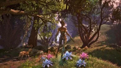 A wood nymph stands in a sun-dappled forest, surrounded by vibrant flowers and deer. A magical, serene scene.