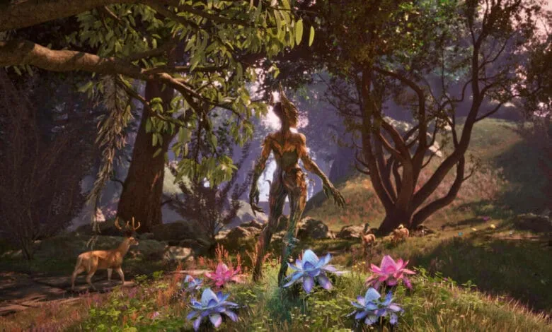 A wood nymph stands in a sun-dappled forest, surrounded by vibrant flowers and deer. A magical, serene scene.