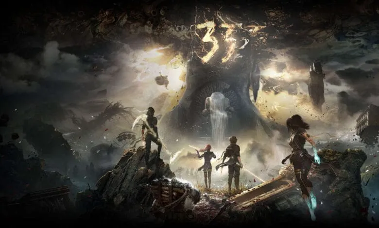 Forspoken key art: Four figures stand amidst ruins, gazing at a massive, ethereal structure with '35' inscribed on it.