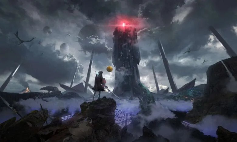 A lone figure stands on a rocky outcrop, facing a towering, dark structure with a red light at its peak.