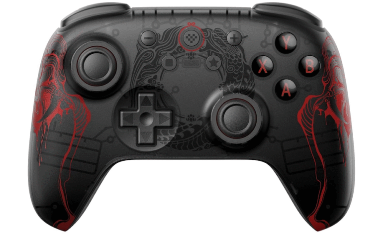 Black gaming controller with red dragon design, buttons, and directional pad.