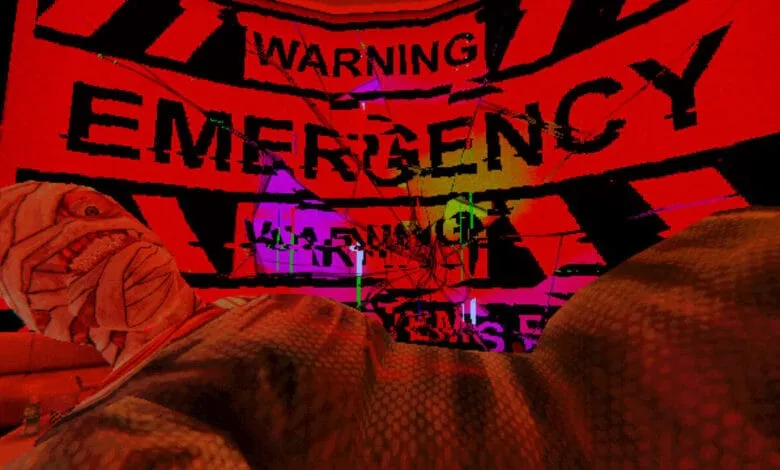 Distorted mummy figure under a glitching red 'WARNING EMERGENCY' sign with digital artifacts.