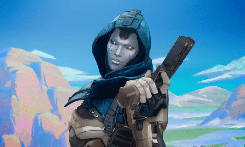 Ash, a cyborg from Apex Legends, aims a weapon. Pastel mountains and sky background.