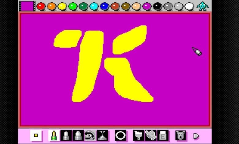 Retro digital art: a yellow 'K' painted on a magenta background in a pixel art program.