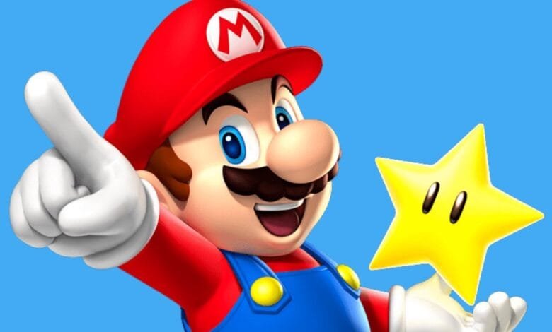 Super Mario, iconic video game character, points excitedly while holding a golden star against a bright blue background.