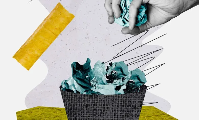 Abstract collage of a hand discarding crumpled teal paper into a dark woven bin against a textured background.