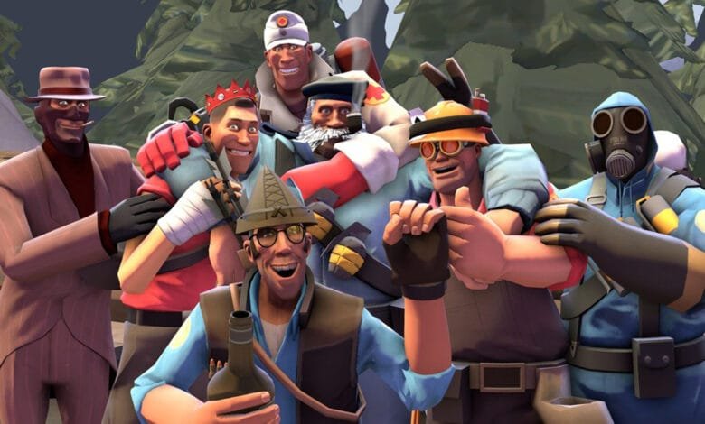 Team Fortress 2 mercenaries in a group hug, smiling and happy.