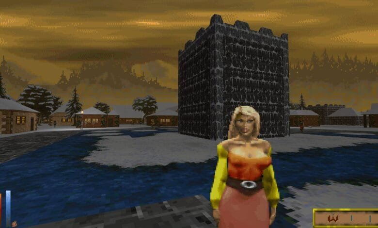 A blonde woman in a yellow and orange top stands before a large stone tower in a snowy, pixelated village at sunset.