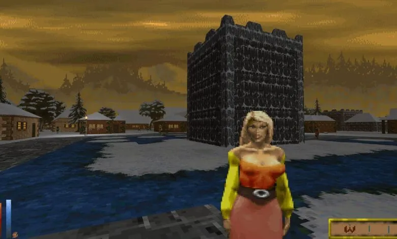 A blonde woman in a yellow and orange top stands before a large stone tower in a snowy, pixelated village at sunset.