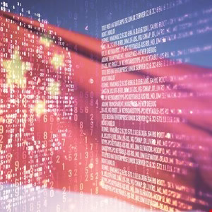 Abstract image of a waving Chinese flag overlaid with computer code, suggesting themes of technology and China.