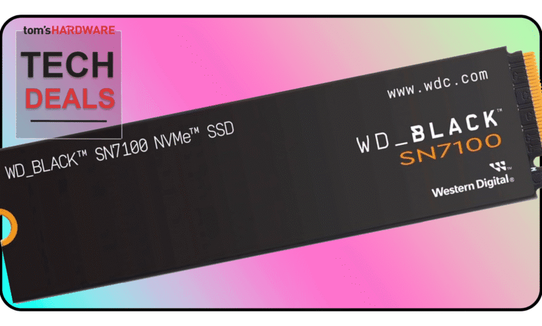 WD_BLACK SN7100 NVMe SSD shown against a colorful background. Tech deal.