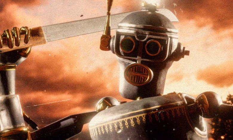 A steampunk-style robot, holding a large knife, stands against a dramatic sunset backdrop.