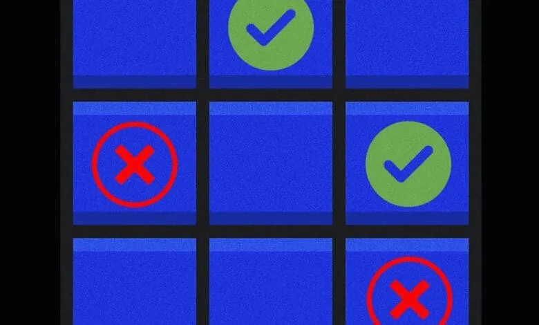 A grid displays green checkmarks and red X's, indicating success or failure. The background is dark blue.