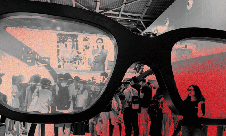 Giant eyeglasses display showcasing AI technology, with people viewing the screen inside the lenses.