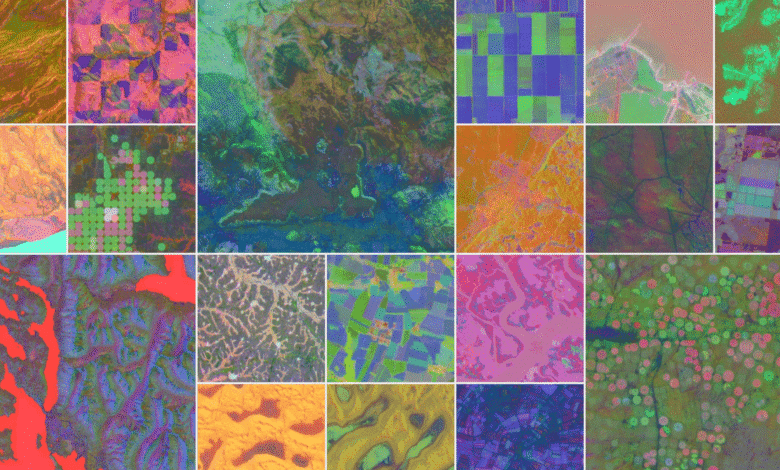 Collage of 20 vibrant satellite images showing Earth's diverse landscapes in surreal colors.