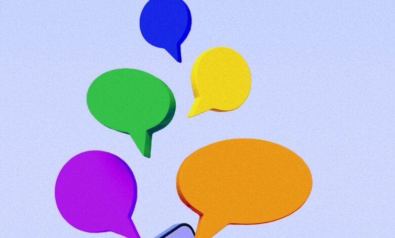 Colorful speech bubbles float above a phone screen, symbolizing online communication and messaging.
