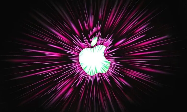 Apple logo at the center of a burst of pink and purple light streaks against a black background.