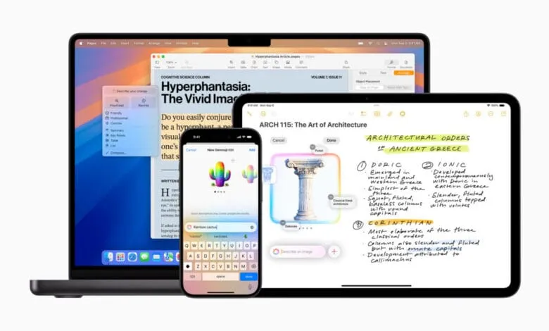Apple devices showcasing seamless integration: a MacBook, iPad, and iPhone displaying text editing, note-taking, and emoji selection.