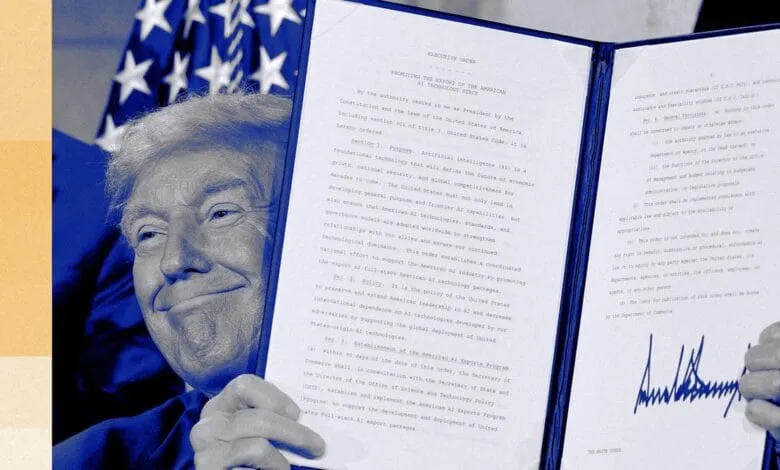 Close-up of Donald Trump holding an executive order document related to AI technology export.