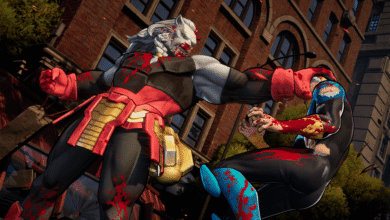 Bloody comic book fight scene: A large white & red character battles a smaller blue & yellow one in a city.