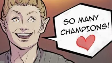 Cartoon of an elven character with a joyful expression, saying 'So Many Champions!' with a heart beside the text.