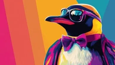A stylish penguin in sunglasses and a bow tie, depicted in a vibrant pop art style against a multicolored background.