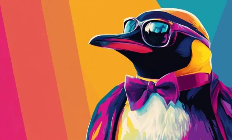 A stylish penguin in sunglasses and a bow tie, depicted in a vibrant pop art style against a multicolored background.