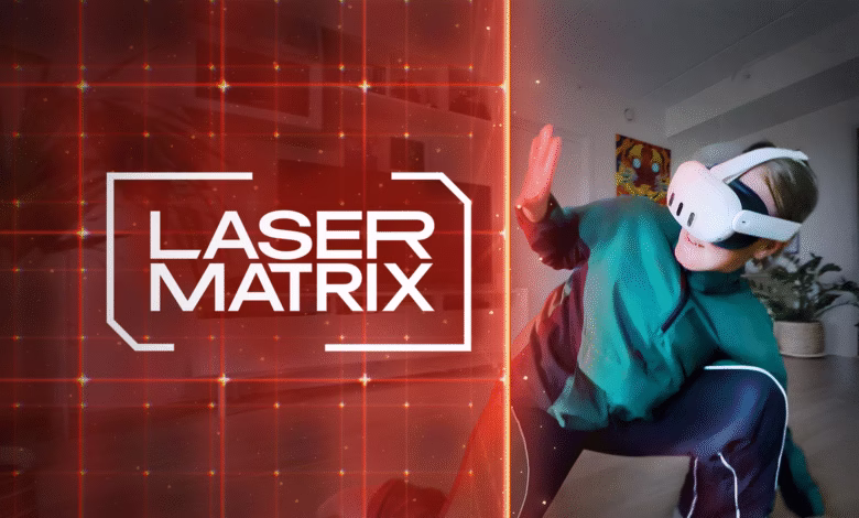 Person in teal activewear uses VR headset, interacting with a red laser grid displaying 'LASER MATRIX'.