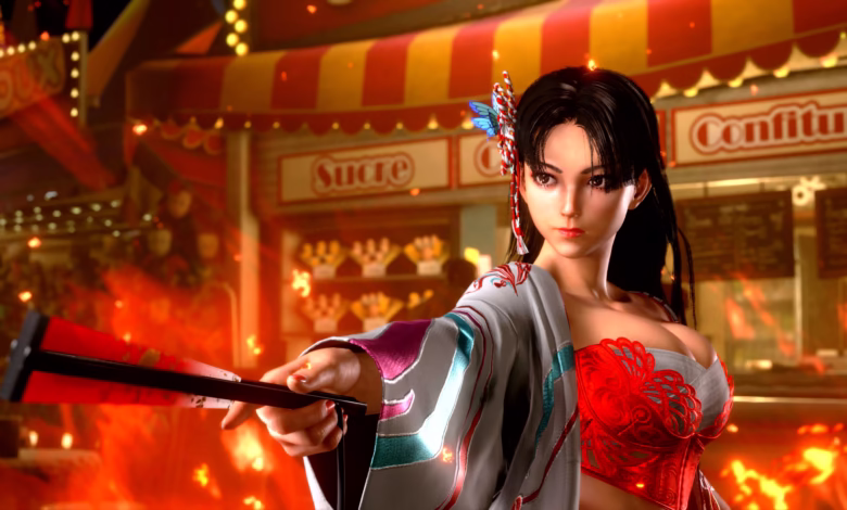 A female video game character in a red and white kimono-inspired outfit holds a long, thin object, set against a vibrant carnival background with fire effects.