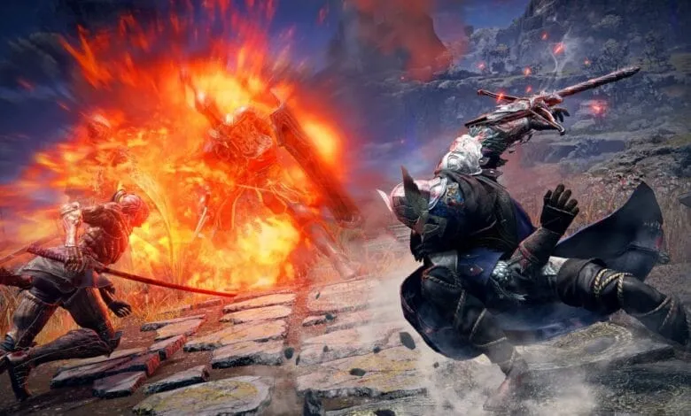 Epic battle scene in Elden Ring, two warriors clash amidst fiery explosion, swords clashing.