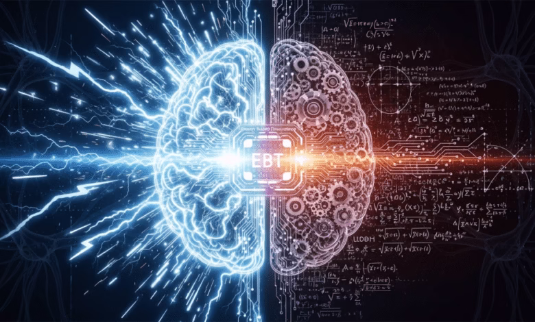 Abstract image depicting two halves of a brain, one glowing blue with energy, the other with gears and circuitry, connected by a central processor labeled 'EBT'.