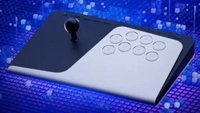A sleek, modern gaming controller with a joystick and buttons, set against a vibrant blue digital background.