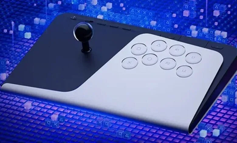 A sleek, modern gaming controller with a joystick and buttons, set against a vibrant blue digital background.