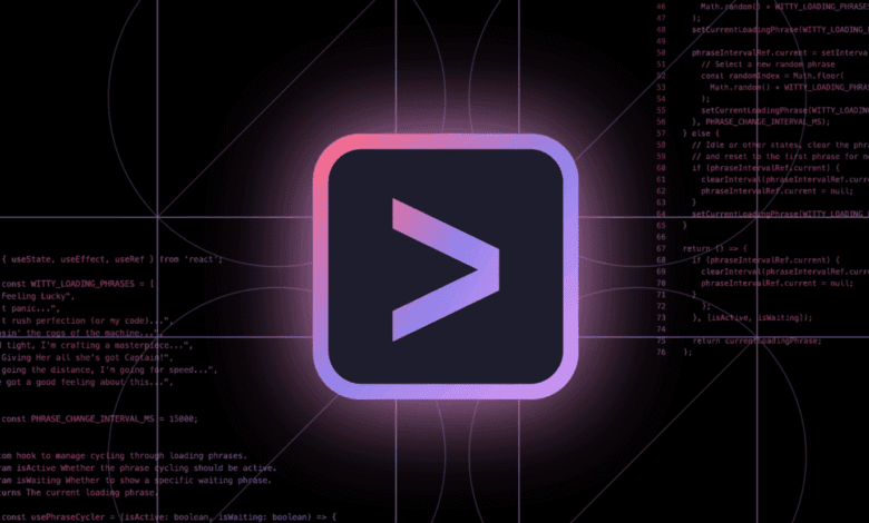 A glowing, gradient-colored greater-than symbol (>), the Gemini CLI logo, is centered on a dark background with code visible.