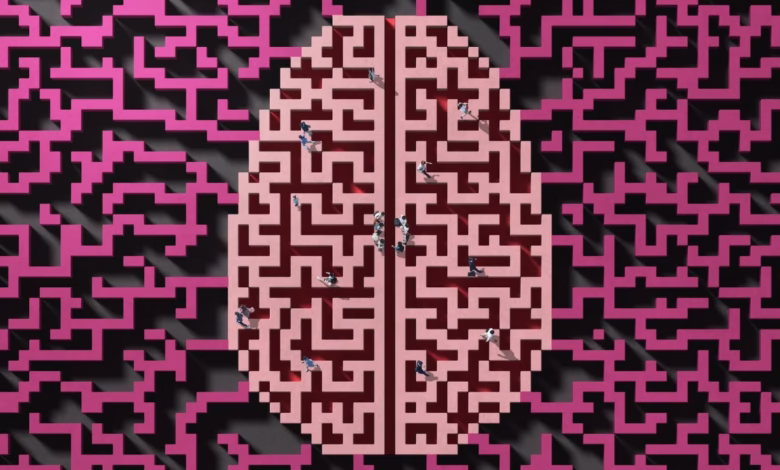 Abstract image of a brain-shaped maze within a larger maze, with tiny figures navigating the paths.