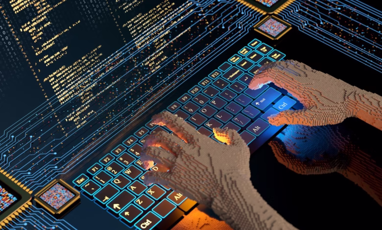 Pixelated hands type code on a glowing keyboard, lines of code and microchips visible in the background.